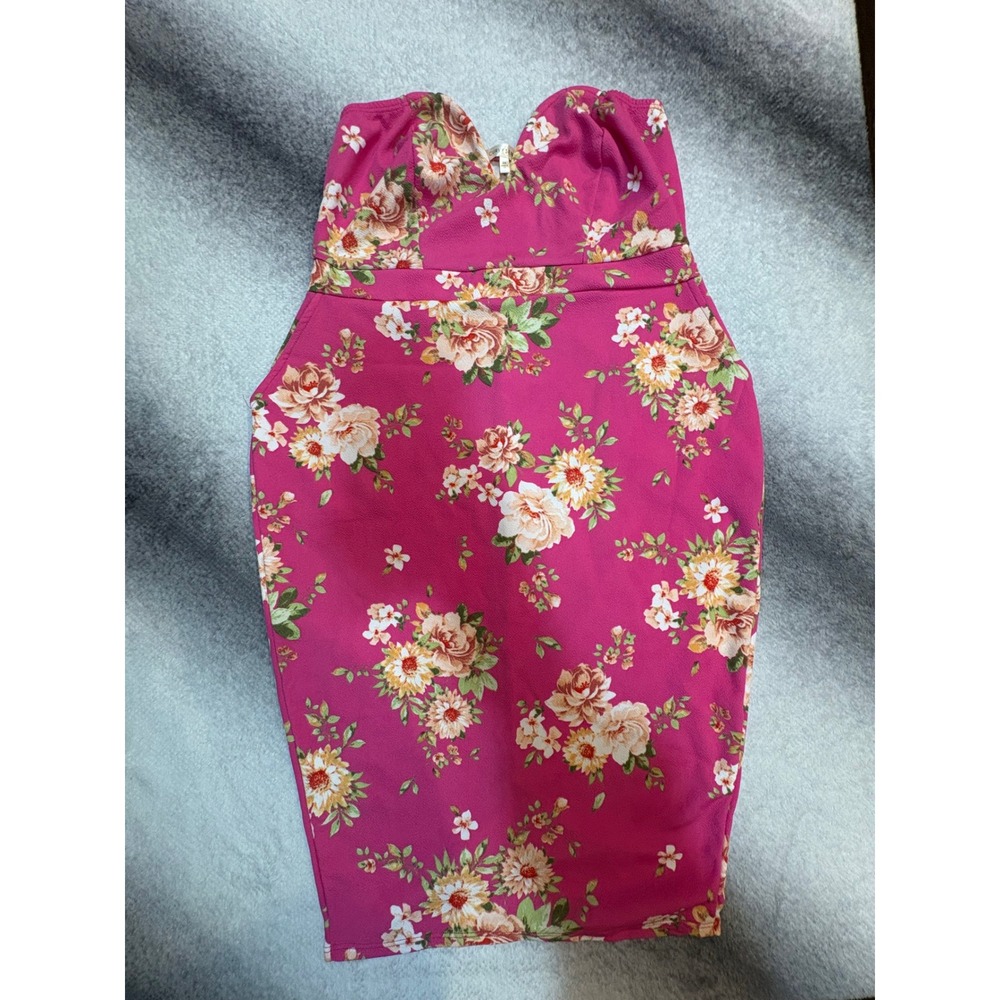 (A4) Curvy Sense Fuchsia Floral Strapless Sweetheart Dress 2X Pink Bodycon Slit